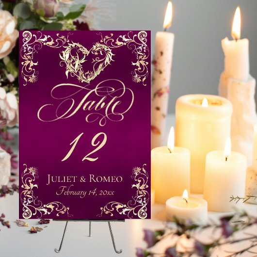Numéro De Table Bordure ornée et cœur - prune