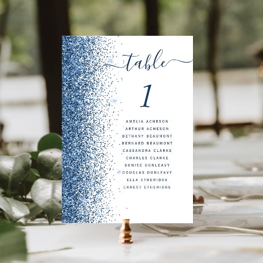 Numéro De Table Bordure Pailletée Bleue Mariage Blanc