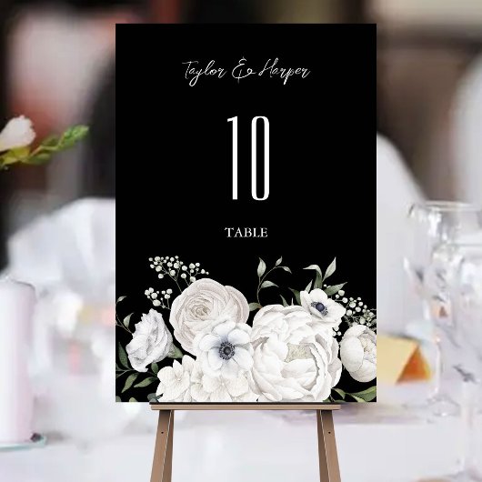 Numéro De Table Bouquet floral élégant noir et blanc Moderne
