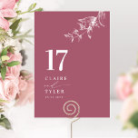 Numéro De Table Bourgogne Élégant, Mariage botanique minimal<br><div class="desc">Guidez vos invités à leur table avec cette élégante carte de numéro de table en mariage bordeaux et blanc. Design élégant et simple avec des noms sur le côté avec le "et" dans la calligraphie manuscrite moderne. Détail délicat du coin botanique dessiné à la main. Veuillez placer une commande individuelle...</div>