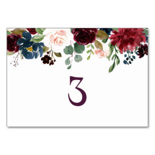 Numéro De Table Bourgogne et bleu Mariage anglais Fleurs