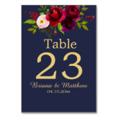 Numéro De Table Bourgogne Floral Bleu Nuit Élégant Script (Dos)