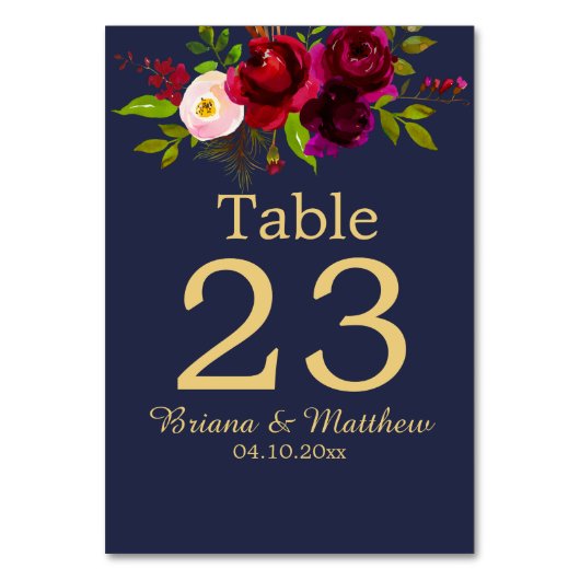 Numéro De Table Bourgogne Floral Bleu Nuit Élégant Script (Par défaut)