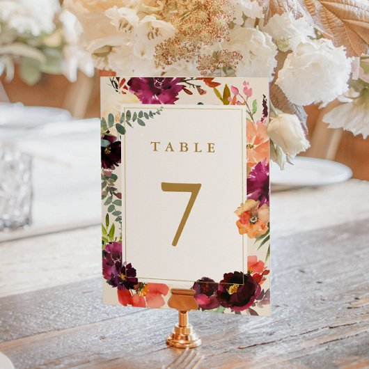 Numéro De Table Bourgogne + Pêche Aquarelle Mariage Floral