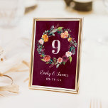 Numéro De Table Bourgogne Rustique Automne Floral Mariage Monogram<br><div class="desc">Les cartes de numéro de table de mariage de style romantique rustique présentent un monogramme élégant avec des chiffres encadrés par une couronne d'aquarelle fleurie avec de beaux roses, dahlias, des fleurs de pivoines et de la verdure, dans une magnifique palette automnale de rouge bordeaux, jaune doré, orange pêche, rose...</div>