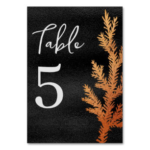 Numéro De Table Branche des pins de mariage d'hiver noir et cuivre