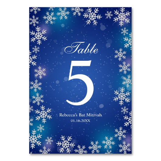 Numéro De Table Bright Snowflakes Blue Winter Bat mitzvah Table (Dos)