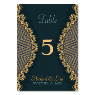 Numéro De Table Broderie fractale sarcelle or unique menu invité 2
