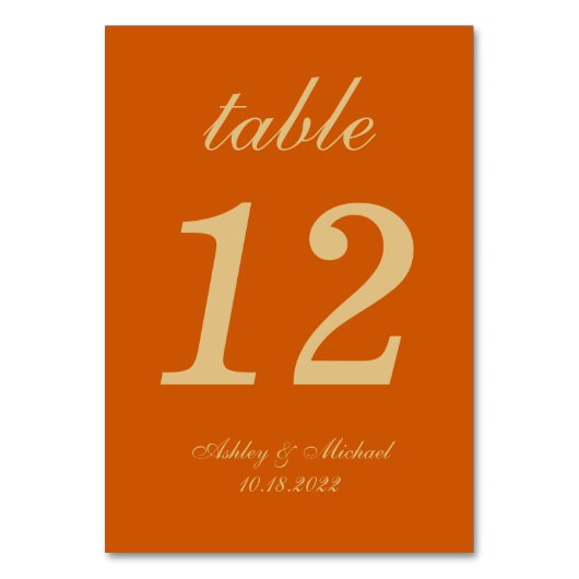 Numéro De Table Brûlé Orange Mariage Simple Golden Yellow Script (Dos)