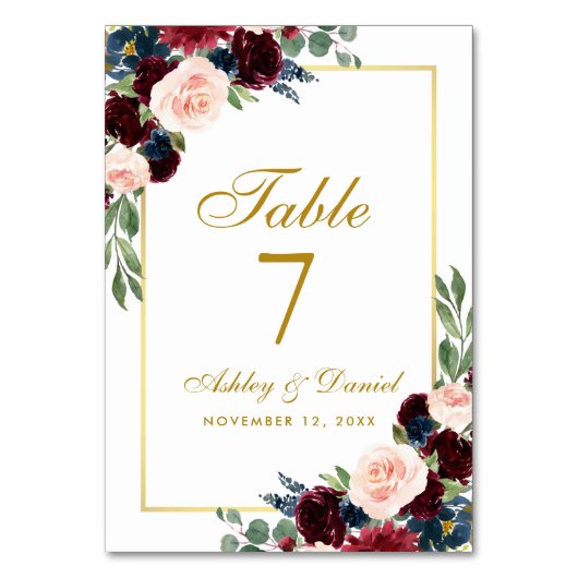 Numéro De Table Burgundy Bleu Aquarelle Floral Mariage Or (Par défaut)