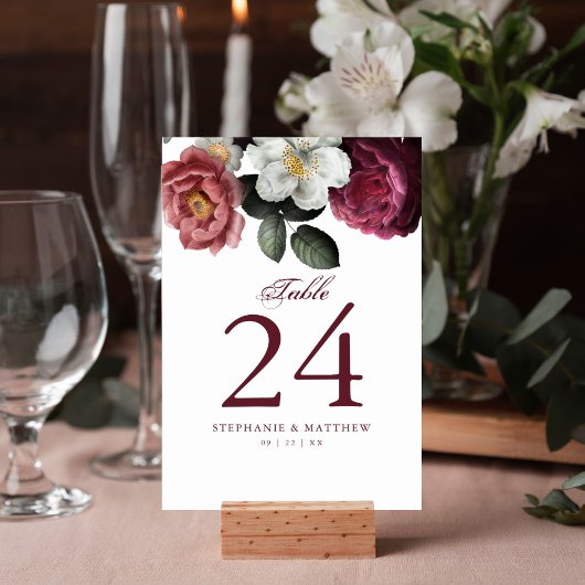 Numéro De Table Burgundy Blush Floral Rose Mariage botanique