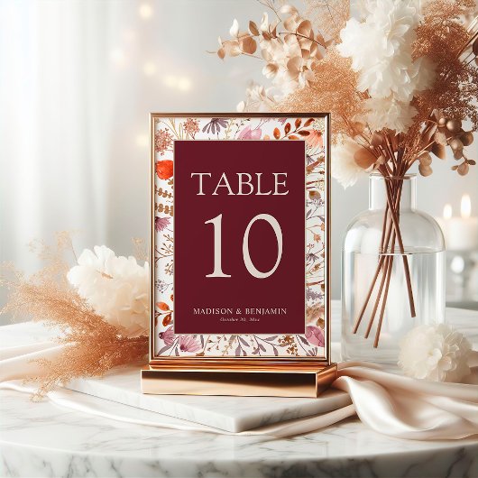 Numéro De Table Burgundy Fall Rustique Boho Floral Fleurs sauvages