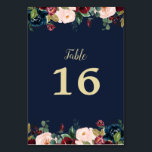 Numéro De Table burgundy floral bleu marine mariage<br><div class="desc">un joli design floral à l'aquarelle bordeaux et aux fleurs roses rousses avec un arrière - plan bleu marine. Le texte et les couleurs de cette carte peuvent être personnalisés.</div>