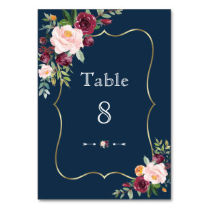 Numéro De Table Burgundy Floral Navy Blue Gold Mariage