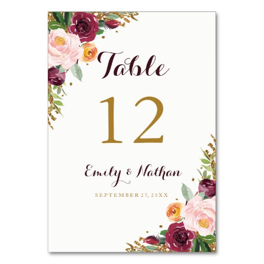Numéro De Table Burgundy Gold Floral Parties scintillant Tableau N (Dos)