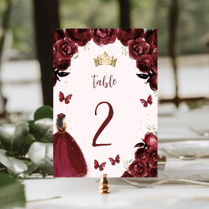 Numéro De Table Burgundy Gold Floral Princess Quinceañera