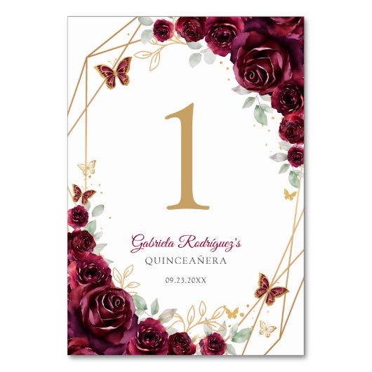 Numéro De Table Burgundy Gold Floral Quinceanera (Par défaut)