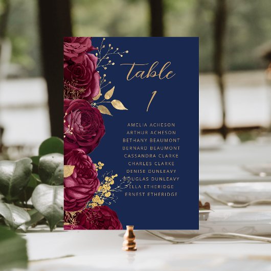 Numéro De Table Burgundy Gold Floral Script Navy Blue Wedding