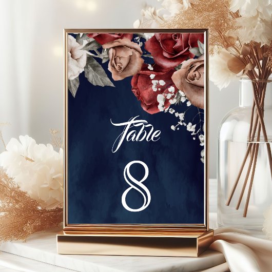 Numéro De Table Burgundy Red Roses Floral Navy Blue Wedding