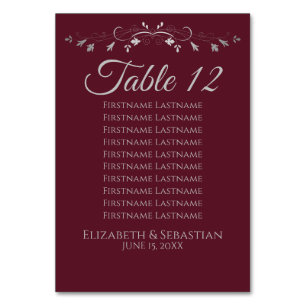 Numéro De Table Burgundy SilverFlourish Plan de table de mariage