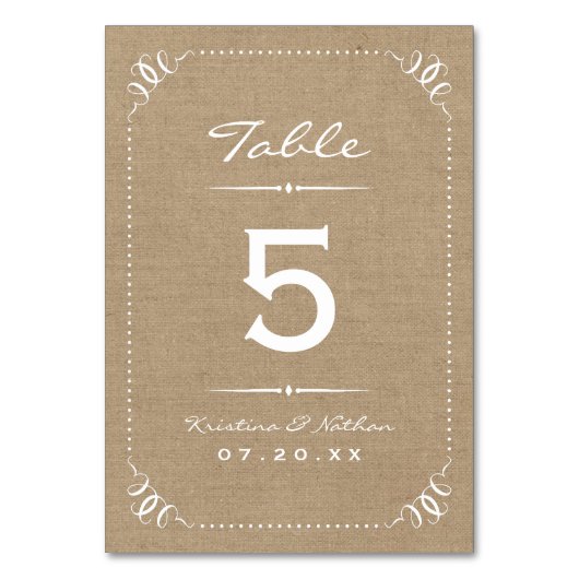 Numéro De Table Burlap Rustic Chic Numéros de tableau (Dos)