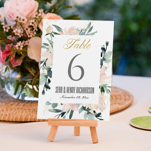 NUMÉRO DE TABLE CADRE FLEURI OR ROSE TENDRE A L'AQUARELLE MARIAGE