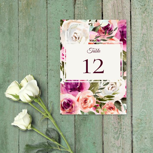 Numéro De Table Cadre Floral Élégant Rose Pêche Pourpre Blanc