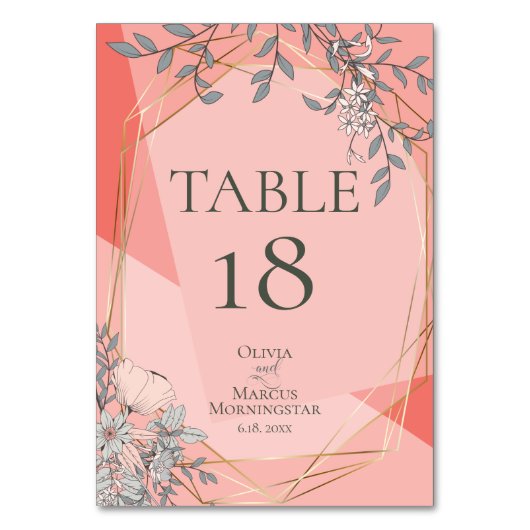 NUMÉRO DE TABLE | Cadre géométrique floral corail (Dos)