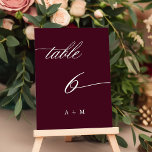 Numéro De Table Calligraphie romantique Mariage numéro 6, Bourgogn<br><div class="desc">Tableau 6. Veuillez vérifier tous les numéros disponibles. | Numéro de table de mariage de calligraphie tourbillonnant romantique et élégant avec monogrammes. Pour une personnalisation plus avancée de cette conception,  cliquez sur le BOUTON OUTIL DESIGN BLEU ci-dessus !</div>