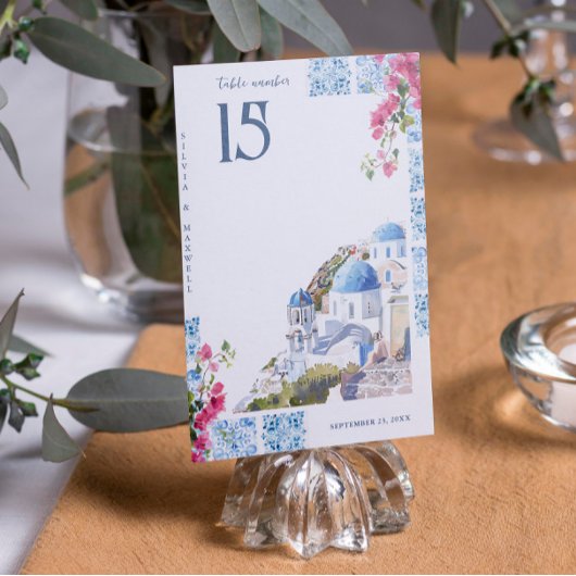 Numéro De Table Carreaux aquarelles | Mariage grec