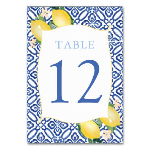 Numéro De Table Carreaux bleu italien Aquarelle Lemons Mariage