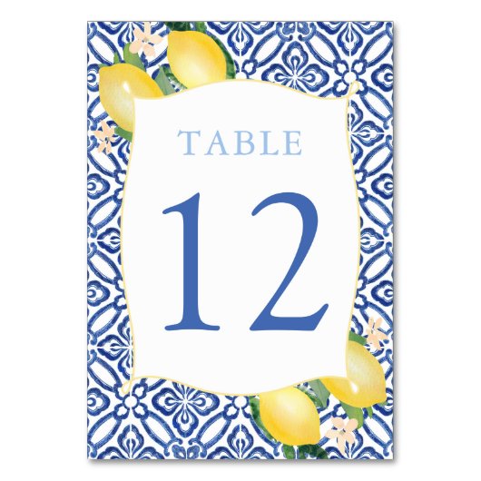 Numéro De Table Carreaux bleu italien Aquarelle Lemons Mariage (Par défaut)