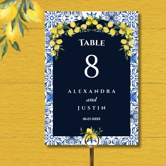 Numéro De Table Carrelage bleu Citron italien Mariage méditerranée
