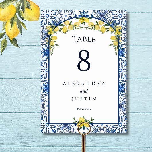 Numéro De Table Carrelage bleu Citron méditerranéen Mariage italie