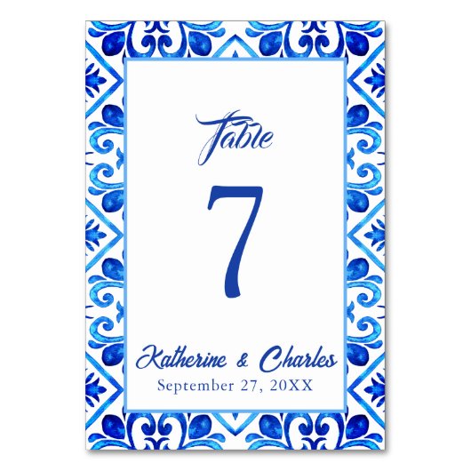 Numéro De Table Carrelage bleu et blanc Motif Mariage (Dos)