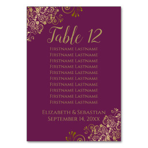 Numéro De Table Cassis Mariage violet en dentelle dorée