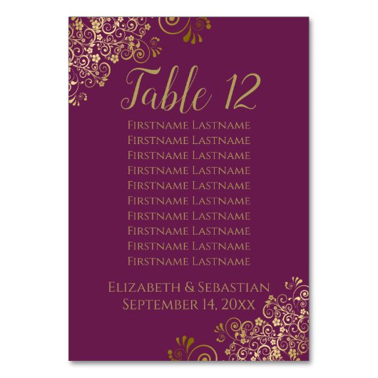 Numéro De Table Cassis Mariage violet en dentelle dorée (Par défaut)