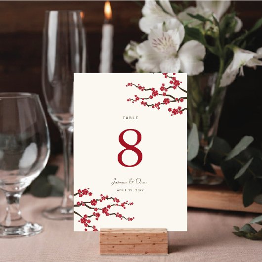Numéro De Table Cerisiers Fleurs de Cerisier Rouges Mariage Élégan
