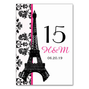 NUMÉRO DE TABLE CHAUD ROSE DAMASK TOUR EIFFEL MARIAGE PARISIEN