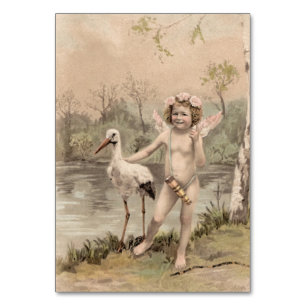Numéro De Table Cherub vintage avec cigogne près du lac