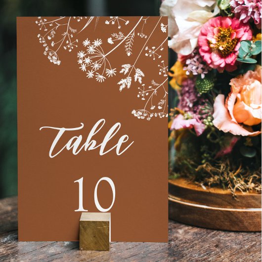 Numéro De Table Chic Burnt Orange Fleurs sauvages Mariage en terre
