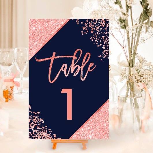 Numéro De Table Chic corail parties scintillant script marine bleu