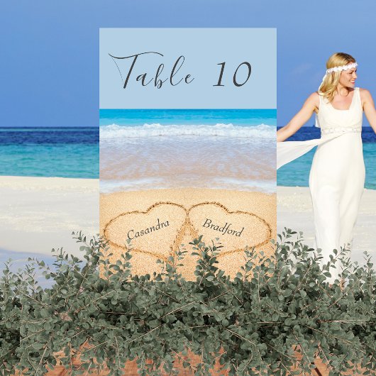 Numéro De Table Chic Dusty Blue Beach Mariage 2 Coeurs dans le sab
