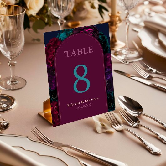 Numéro De Table Chic élégant bijou tons bordeaux fleurs mariage