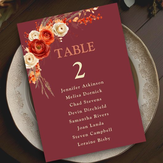 Numéro de table chic mariage à fleurs orange