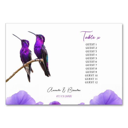 Numéro De Table Chic Mariage de colibris et de pétales violets (Devant)