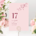 Numéro De Table Chic minimaliste Botanique Rose, Mariage Bourgogne<br><div class="desc">Guidez vos invités à leur table avec cette élégante carte de numéro de table de mariage rose rose poussiéreux. Design élégant et simple avec des noms sur le côté avec le "et" dans la calligraphie manuscrite moderne. Délicat détail de coin botanique dessiné à la main dans les tons roses et...</div>