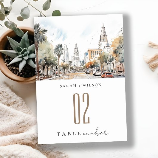 Numéro De Table Chic Orlando Floride Skyline Mariage d'aquarelle