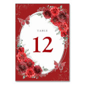 Numéro De Table Chic Roses Rouges Argent Floral Papillon Quinceane (Dos)