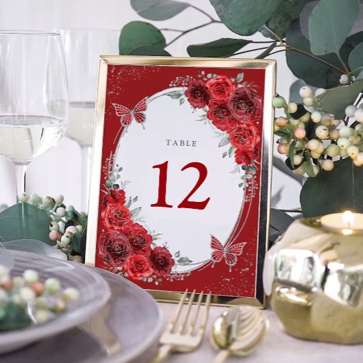 Numéro De Table Chic Roses Rouges Argent Floral Papillon Quinceane